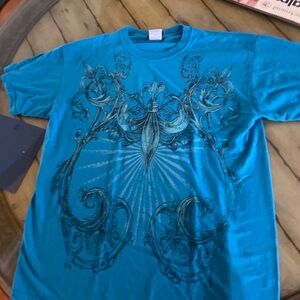 Hybrid Apparel Blue Ornate Men's T-Shirt large affliction style design